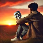 Siiting with laughing mask.jpg Siiting with laughing mask.jpg