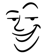 Spöttisch lächelndes, minimalistisches Liniengesicht auf grauem Hintergrund; halb geschlossene Lider, hochgezogene Braue. @ Andreas Holleman (Driekes)