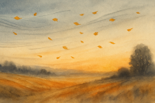 Dunkle Herbstlandschaft mit weichem Goldschimmer am Horizont; geschwungene Windlinien ziehen über das Bild, dazwischen goldene Blätter – ruhig, klar, zurückgenommen  @Andreas Holleman