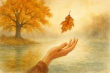 Eiche am nebligen See, kupfernes Abendlicht; fallendes Herbstblatt über einer geöffneten Frauenhand, leises Wehen. @ Andreas Holleman