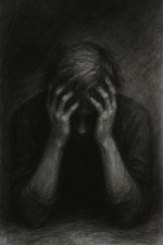 Kohlezeichnung: sitzende Person mit gesenktem Kopf, Hände ins Haar gegraben; grober Strich, dunkler Hintergrund, starke Hell-Dunkel-Kontraste.