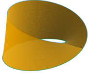 3D-Darstellung eines goldgelben Möbiusbandes mit feinem Gitternetzmuster, als gedrehte Endlosschleife.