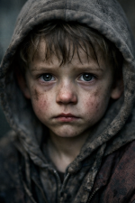 Nahaufnahme eines Kindes mit Kapuze: schmutzverschmiertes Gesicht, gerötete Augen, direkter, stiller Blick – traurig und anklagend zugleich.