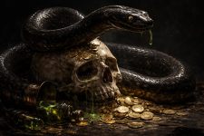 Schwarze Schlange um einen verwitterten Schädel; Goldmünzen glimmen im Dunkel, grünes Gift tropft langsam herab.