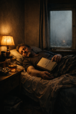 Mann schläft fast ein auf unordentlichem Bett; das Buch gleitet aus der Hand. Warmes Lampenlicht, am Nachttisch Whiskeyglas und Aschenbecher, draußen graues, nebliges Fenster.