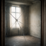 Alter Spiegel mit feinem Riss in einem leeren Raum; Licht fällt durch ein Fenster, der Raum dahinter wirkt still und unbewohnt.