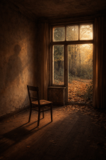 Alter leerer Raum mit Holzstuhl vor großem Fenster im Abendlicht; draußen herbstlicher Garten, drinnen warme Schatten auf verwitterten Wänden und Holzboden.